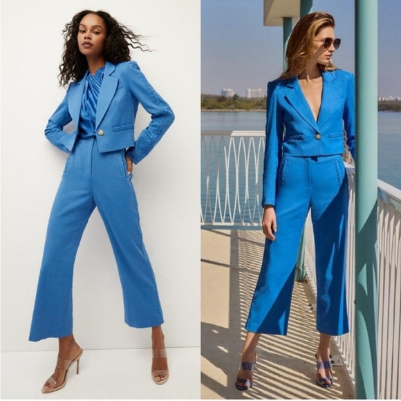 SET Veronica Beard Behren Suit Jacket Blue 4 Crop Wide Leg Dova Trouser - Picture 2 of 16